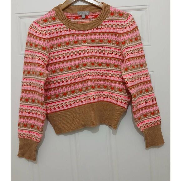 J crew womens medium pink tan fairisle puff sleeve colorblock sweater wool - Picture 1 of 7